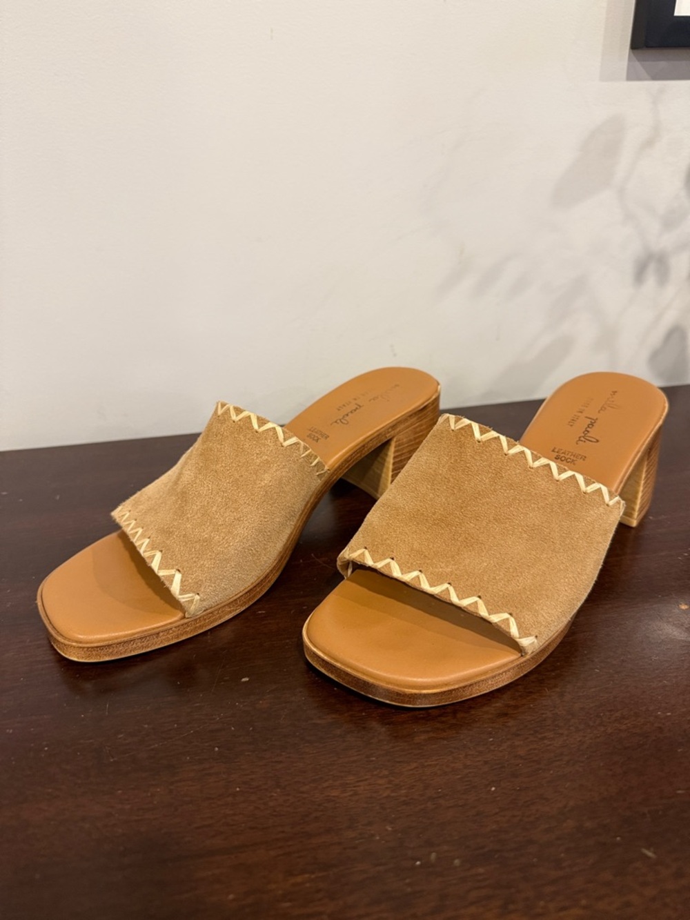 Mila Paoli Tan Suede Zigzag Trim Slide Mules